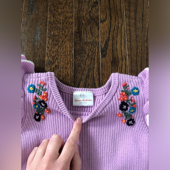 Hanna Andersson Girls 110 (5Y) Lavendar Knit Floral Embroidered Tiered Dress - Picture 4 of 7